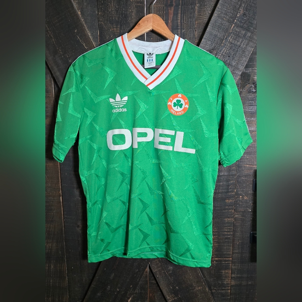 Adidas Green Republic Of Ireland Football Jersey 1990/1991 White Opel Sponsor
